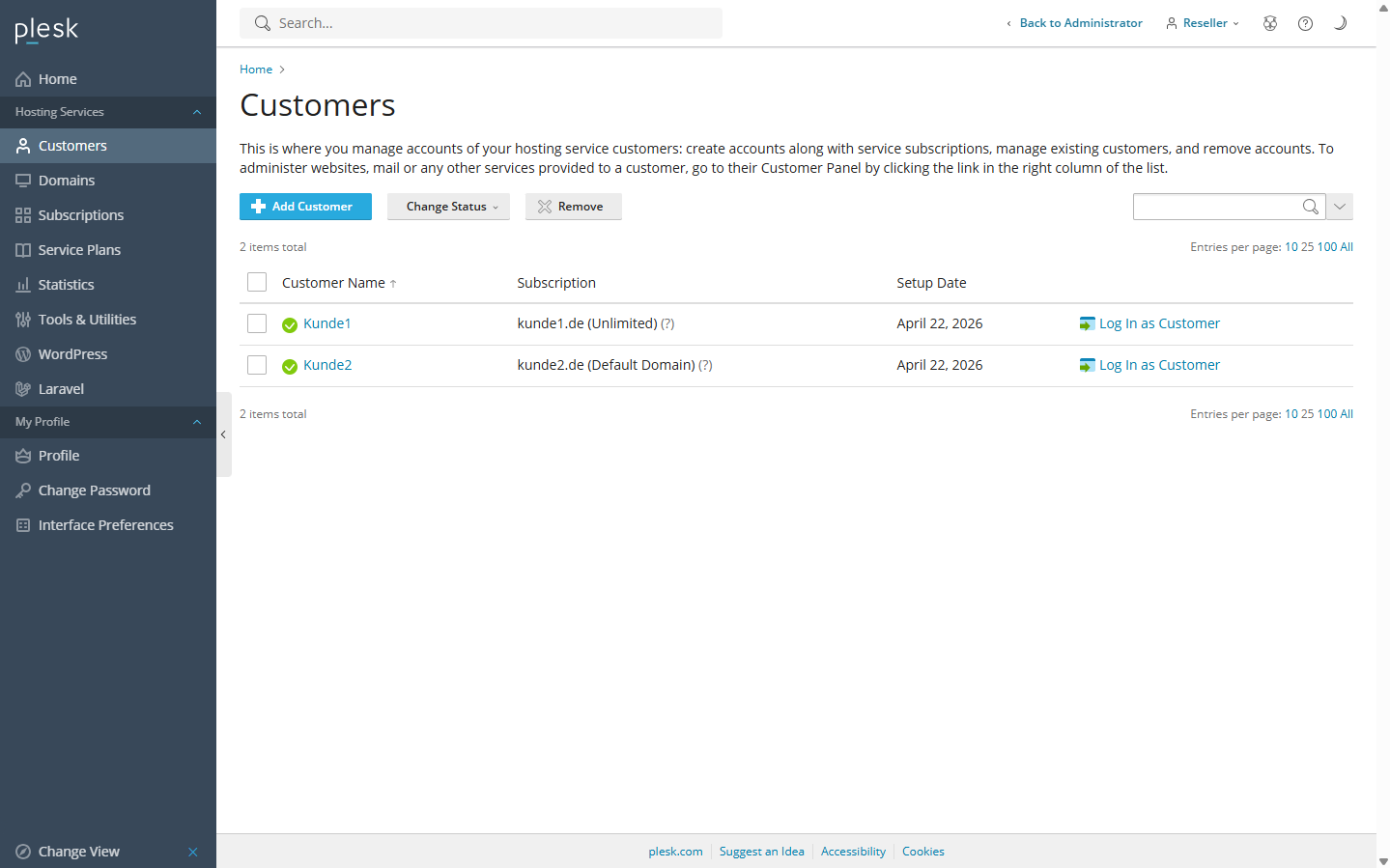 Plesk Reseller Control Panel